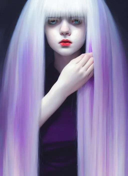 Image similar to hair whitebangs hair, black hair, whitebangs, portrait of teenage girl with white bangs, red irises, purple clothes, white bangs, bangs are different color from hair, intricate, elegant, glowing lights, highly detailed, digital painting, artstation, concept art, smooth, sharp focus, illustration, art by wlop, mars ravelo and greg rutkowski