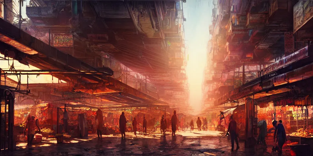 Image similar to an intricate concept art illustration of a market slums inside a megastructure city neon light district,sci-fi, cinematic lighting, hyper realistic, art by dylan cole, detailed matte painting, digital art, sci-fi film color palette, volumetric lighting