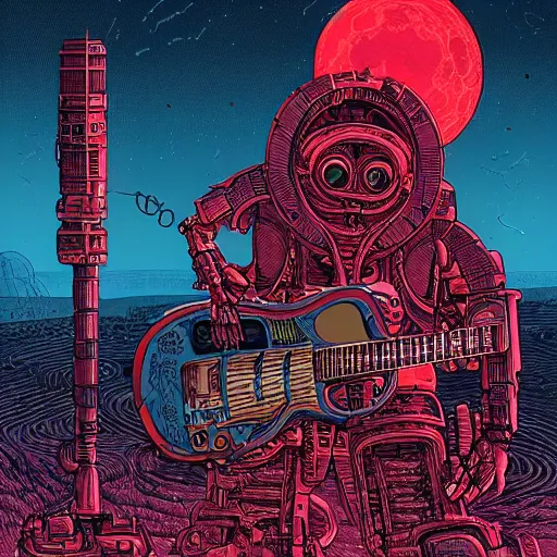 Image similar to illustration of a robot playing guitar in a ruined burning street by kilian eng, katsuhiro otomo and jean giraud moebius, biomechanical, nightime, blood moon