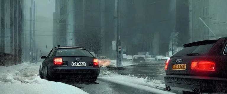 Image similar to Audi A4 B6 Avant (2002), a gritty neo-noir, dramatic lighting, cinematic, eerie person, death, homicide, homicide in the snow, viscera splattered, gunshots, establishing shot, extremely high detail, photorealistic, cinematic lighting, artstation, by simon stalenhag, Max Payne (PC) (2001) winter New York at night, In the style of Max Payne 1 graphic novel, flashing lights, Poets of the Fall - Late Goodbye