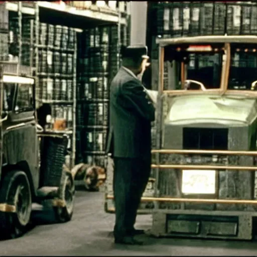 Prompt: cthulhu driving a forklift in a museum, in the movie the godfather