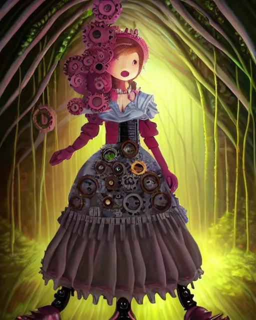 Prompt: scifi pricess of the cloud forest, wearing a lovely dress decorated with toothwheels and cogs. this oil painting by the award - winning mangaka has an interesting color scheme and impeccable lighting.