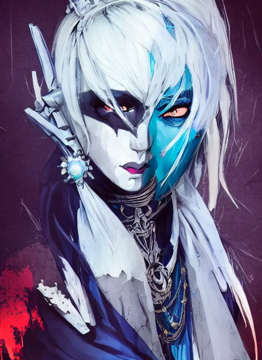 Prompt: half body portrait of a drow queen in a cracked mask covering whole face and ornate pale blue dress, gray hair, red eyes. in style of yoji shinkawa and hyung - tae kim, trending on artstation, dark fantasy, great composition, concept art, highly detailed, dynamic pose, vibrant colours.