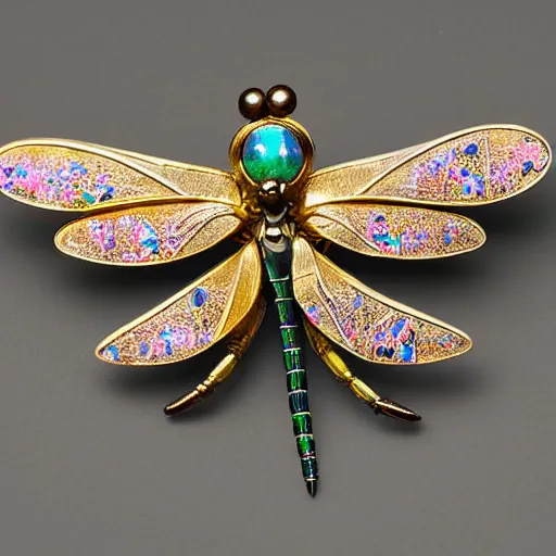 Image similar to highly detailed, well-lit studio photo of a complex intricate, ornate, art nouveau dragonfly brooch, with interlacing golden curves and opal eyes