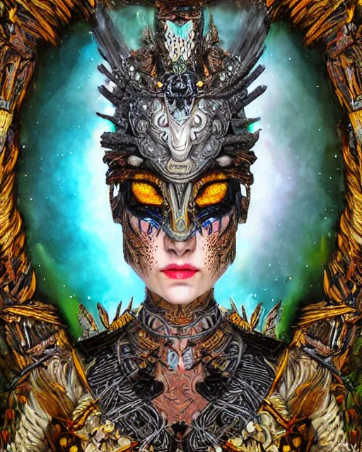 Image similar to 3 d warrior goddess medium shot portrait. beautiful intricate highly detailed magpie helm, shattered armor, kintsugi, quetzalcoatl, bioluminescent, lava, ice, in the style of chiara bautista,