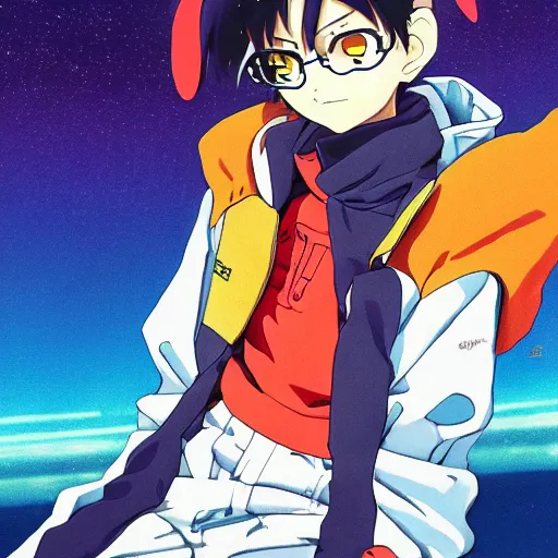 Image similar to gainax anime characters evangelion flcl fooly cooly wearing oversized hoodies balenciaga vetements, official art