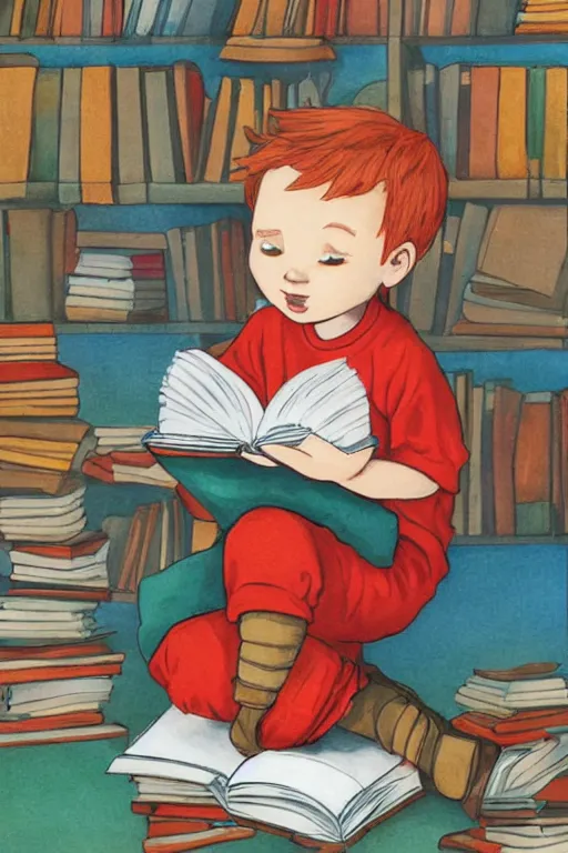 Image similar to a little boy with red hair sits cross legged on top of a tall pile of books. he is reading. clean elegant pretty cartoon painting, beautiful detailed face, storybook illustration.