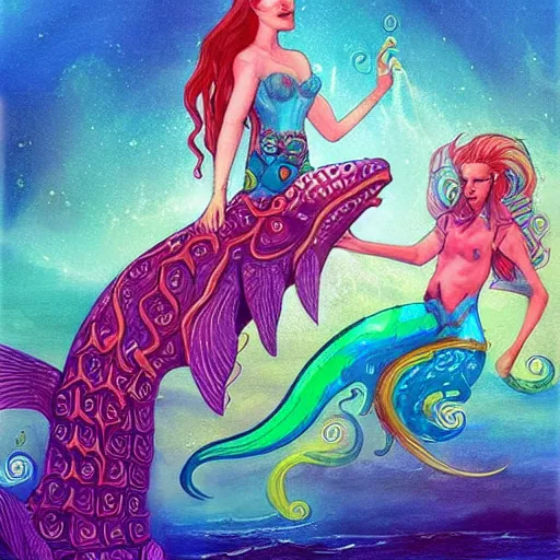 Image similar to merfolk riding seahorses, trending on artstation, colorful, intricate, art by aurore folny