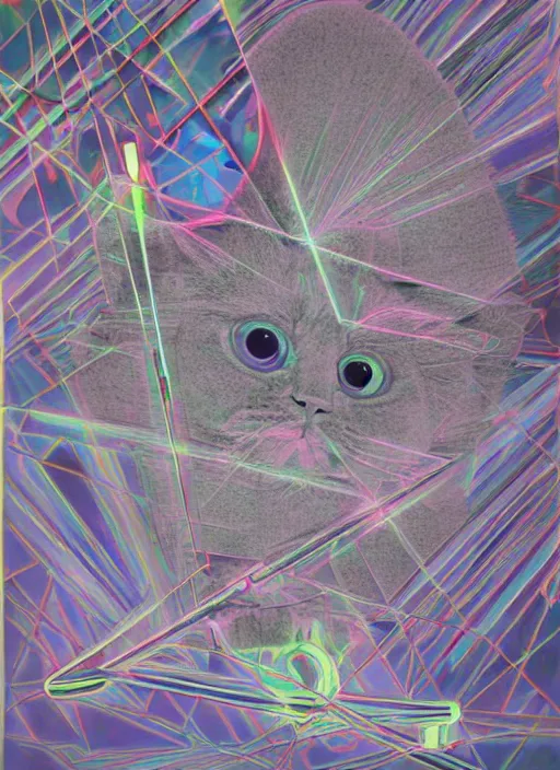 Prompt: futuristic laser beams tracing, laser cat, selkirk rex longhair, by steven meisel, kaws, rolf armstrong, mondrian, kandinsky, perfect geometry abstract acrylic, octane hyperrealism photorealistic airbrush collage painting, dark monochrome, fluorescent colors, minimalist rule of thirds, eighties eros