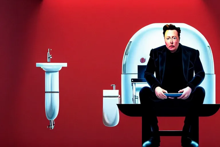 Image similar to hyperrealism aesthetic ridley scott and denis villeneuve style photography of a detailed hyperrealism elon musk, siting on a detailed hyperrealism toilet and scrolling his detailed smartphone in hyperrealism scene from detailed art house movie in style of alejandro jodorowsky and wes anderson