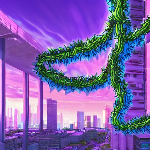Image similar to vaporwave cyberpunk photorealistic pokemon like world covered in vines