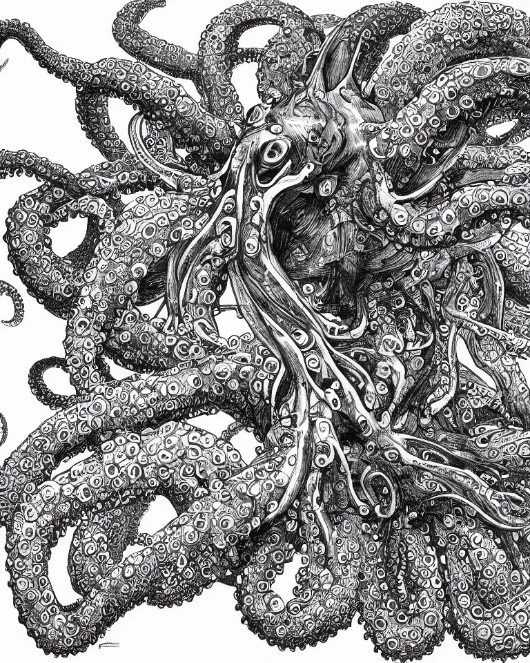 Image similar to a detailed scientific anatomical illustration of an alien cybernetic octopus