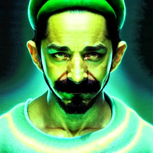 Prompt: uhd photorealistic shia lebeuouf dressed as luigi. cinematic lighting, in the style of akira toriyama, beksisnski, amano and karol bak, fantasy, hyperdetailed.