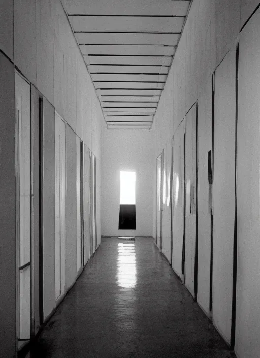 Image similar to a photograph of a symmetrical hallway designed by basquiat, 3 5 mm, film camera, dezeen, architecture, minimal, art installation