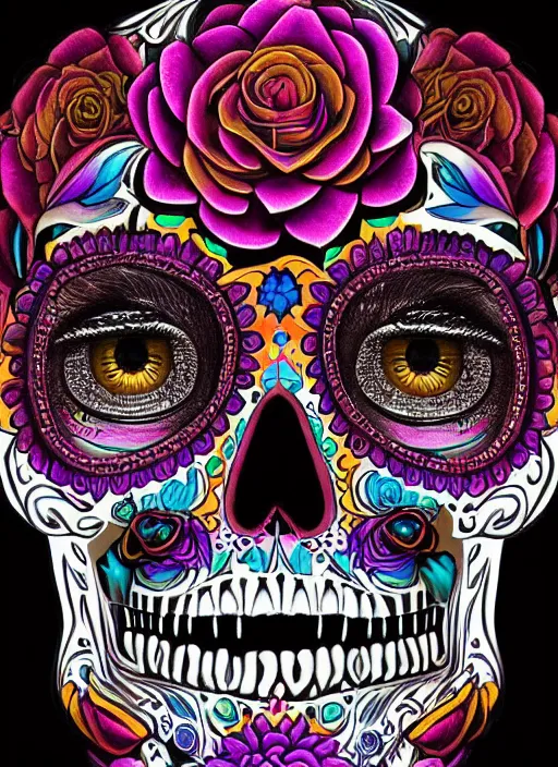 Image similar to portrait of a sugar skull, neon eyes, intricate, highly detailed, smooth, digital illustration, artstation, the dark and quirky art of scott radke