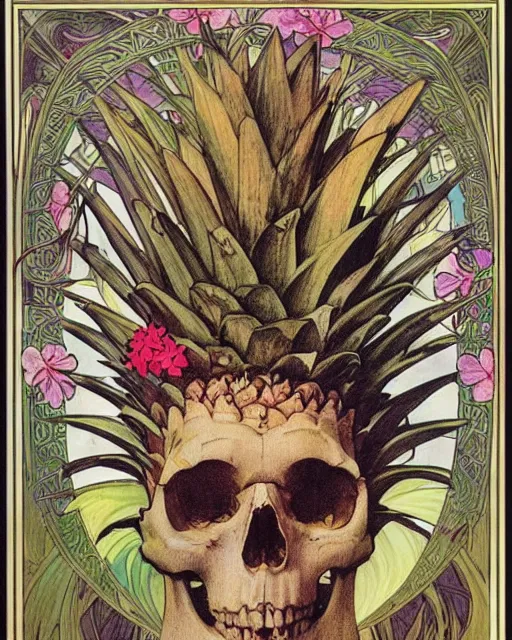 Image similar to Poster of an ancient skull with pineapple leaves growing out of the top art surrounded by varities of flowers, cell shading, by Alphonse Mucha, Moebius, hiroshi yoshida, Art Nouveau, colorful, ultradetailed, vivid colour, 3d