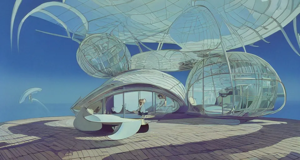 Image similar to nacre seashell house, atmospheric cinematography by syd mead and chuck jones