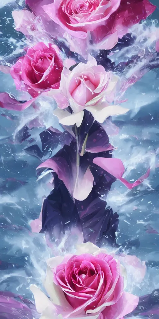 Image similar to magic invisible blade slicing through a bouquet of white and pink roses, flowers exploding and spraying, big puffy clouds, sharp rain, large rose petals, lotus petals, large polygonal background elements, large polygons, dramatic anime, dramatic lighting, artgerm, manga, trending on artstation, art nouveau, mature colors