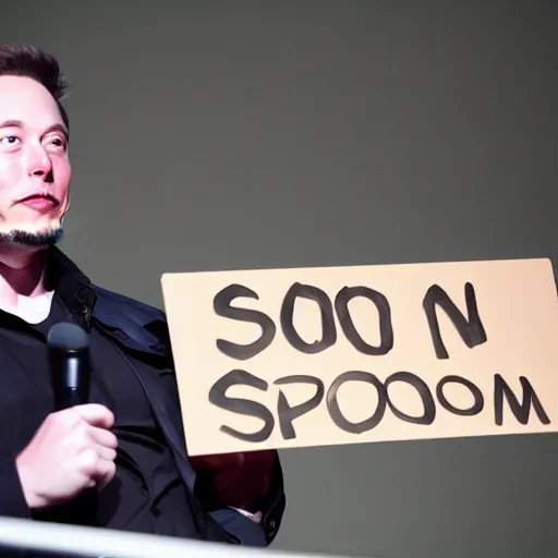 Image similar to a medium shot photograph of elon musk holding a sign with the word soon on it, 4k, ultra HD