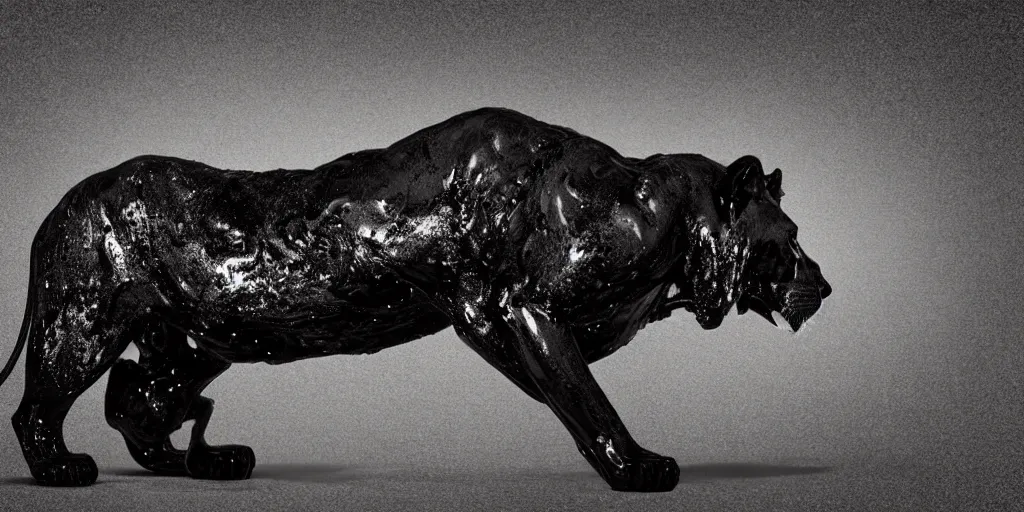 Image similar to a black lioness made of tar, bathing inside the bathtub full of tar, laying on their back, dripping ferrofluid, drooling ferrofluid. dslr, photography, realism, animal photography, modern bathroom, photorealistic, v - ray, goo, tar