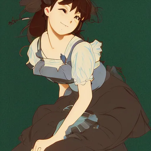 Prompt: a maid girl winking, makoto shinkai, ghibli, wlop, alphonse mucha, highly detailed, studio portrait