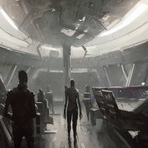 Prompt: concept art by greg rutkowski, a very tall, and slender man with short black hair, sitting with the crew in the ship's flight deck, brutalist futuristic interior, dark lighting atmosphere, detailed portraits, nostalgic atmosphere, scifi, digital painting, artstation, concept art, smooth, sharp foccus ilustration, artstation hq