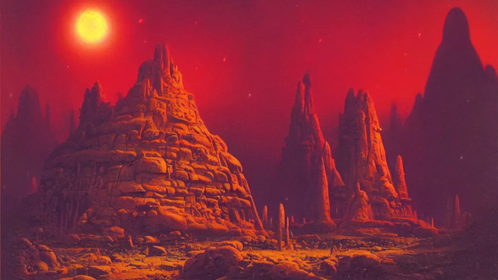 Image similar to mysterious shrine of an alien civilization by paul lehr and john schoenherr, cinematic matte painting