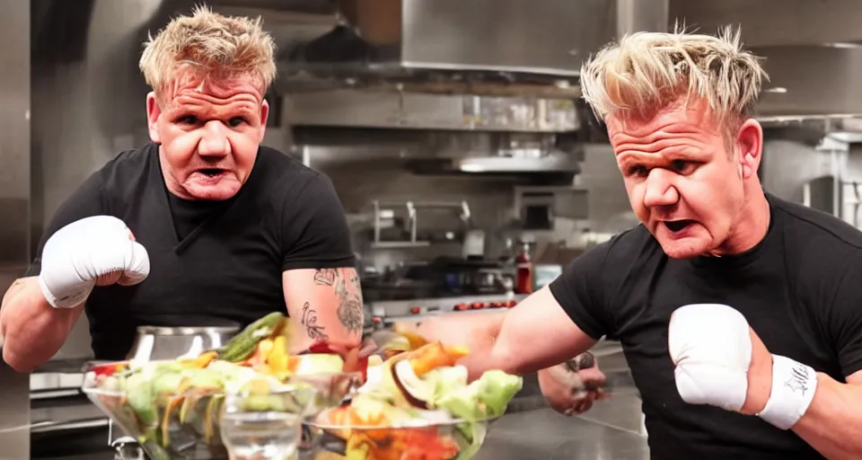 Image similar to photo of angry furious Gordon Ramsay punching Gordon Ramsay at the kitchen