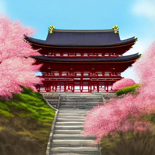 Prompt: A beautiful digital fantasy painting of a giant Japanese temple at the top of a hill in the mountains, surrounded by cherry blossom trees and bamboo, by Greg Rutkowsky and James Gurney, trending on Artstation