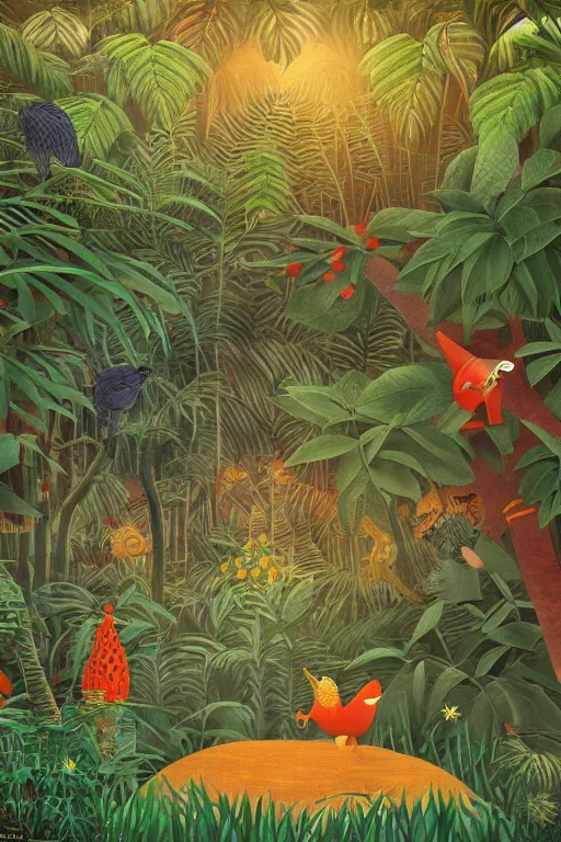 Image similar to rare bird in the jungle, night, stars, highly detailed, unreal engine render concept art, style of henri rousseau and richard scarry and hiroshi yoshida