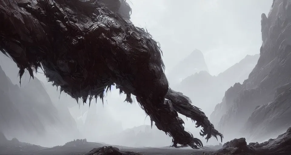 Image similar to a giant monster with many limbs crawling across a misty mountainous landscape, dramatic lighting, illustration by francois baranger, greg rutkowski, yoji shinkawa, 4 k, digital art, concept art, trending on artstation