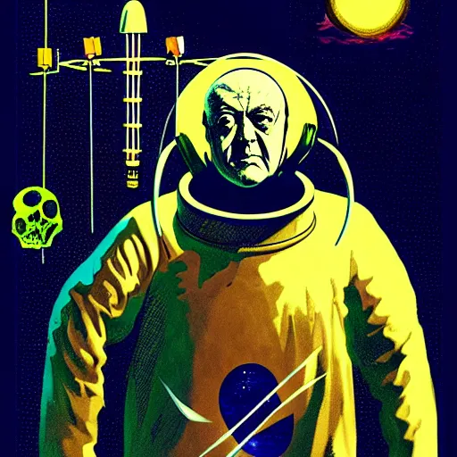 Prompt: graphic illustration, creative design, aleister crowley as an astronaut, biopunk, francis bacon, highly detailed, hunter s thompson, concept art