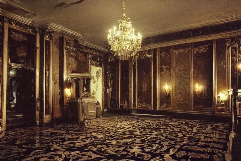 Image similar to full - color 1 9 9 0 s photo of the interior of a spooky elegant mansion at night. the interior architecture and layout are illogical, surreal, bizarre, complicated, and labyrinthine. there is a faintly - visible victorian ghost lurking. highly - detailed high - resolution photography.