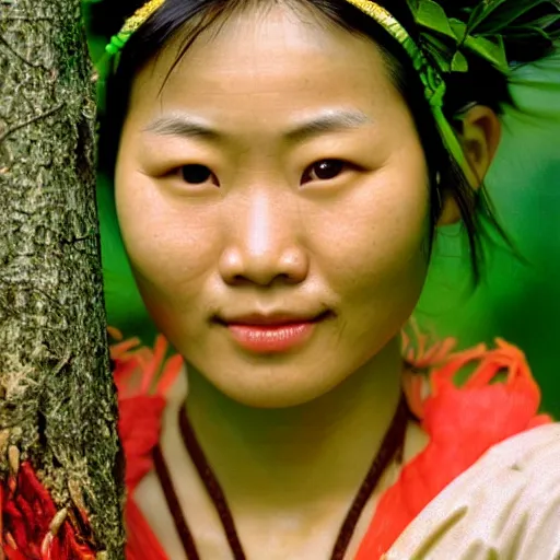 Prompt: a ultra high resolution close - up of asian woman from tai tribe in lush green forest. photo from the front. sexy and beautiful woman is smiling and has eye contact with the camera. face is clear and symetrical. the light is dim, and the colours are muted. kodak etkar 1 0 0.
