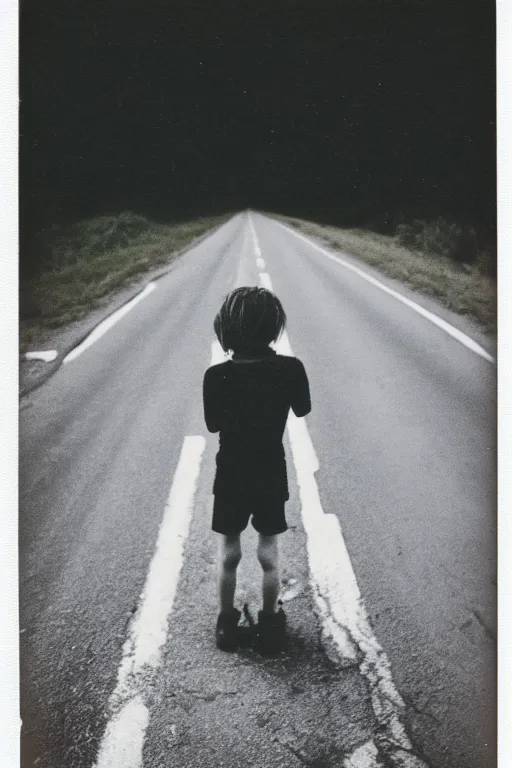 Prompt: photo polaroid of a sad and lonely child in the middle of a road with field hospitals around, pandemic, loneliness, black and white ,photorealistic, 35mm film,