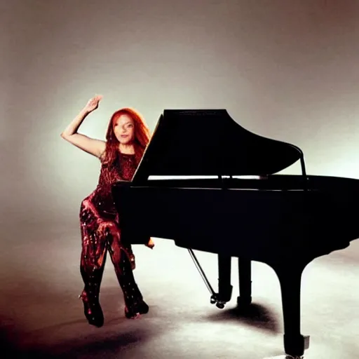 Image similar to tori amos stands atop a grand piano showing off her amazing yo yo tricks, beautiful photo