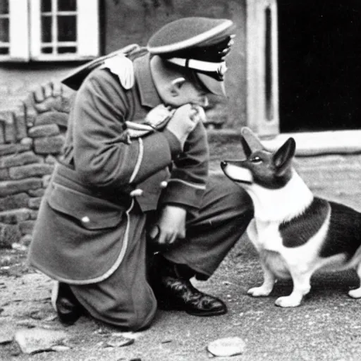 Image similar to ultra wide 1 9 4 6 historical photo of a single german general kneeling to pet a cute corgi, a young queen elizabeth stands near him, french village exterior, highly detailed, sharp focus