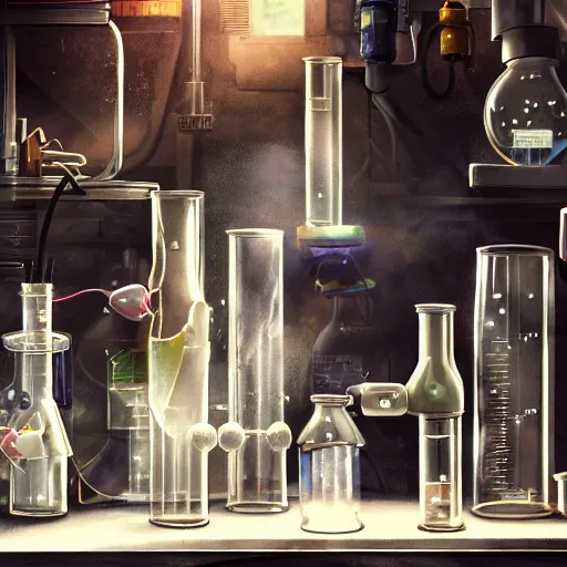 Image similar to mouse performing a chemistry experiment, in a cluttered lab, lots of beakers, illustration, cyberpunk, sci - fi fantasy, intricate, elegant, highly detailed, digital painting, artstation, concept art