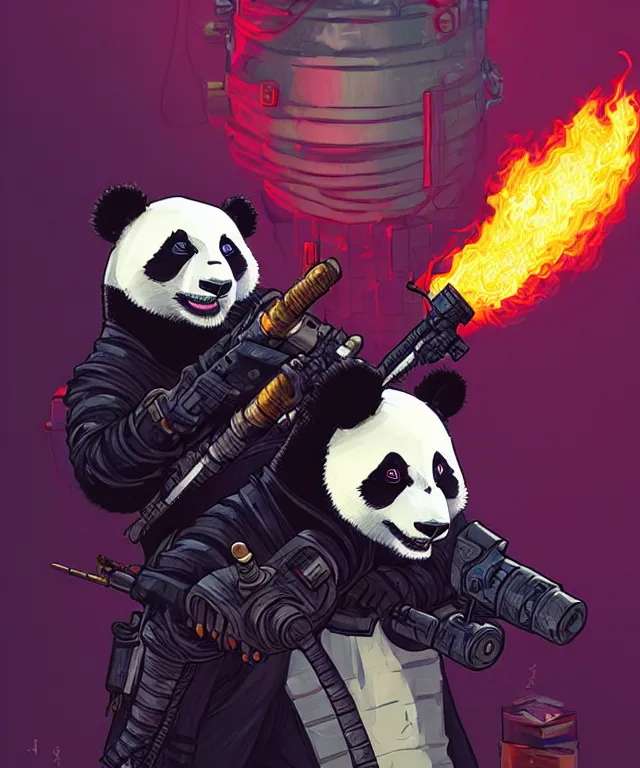 Image similar to a portrait of a cyberpunk panda holding a flamethrower, fantasy, elegant, digital painting, artstation, concept art, matte, sharp focus, illustration, art by josan gonzalez