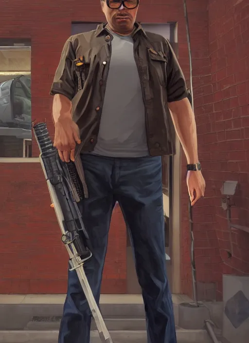 Image similar to portrait of Lester from GTA V as a stree photographer, full length shot, shining, 8k highly detailed, sharp focus, illustration, art by artgerm, mucha, bouguereau