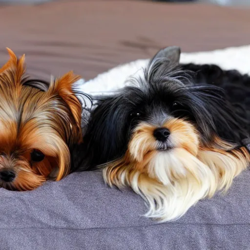 Prompt: yorkshire terrier and maltese dogs sleeping on a large bed