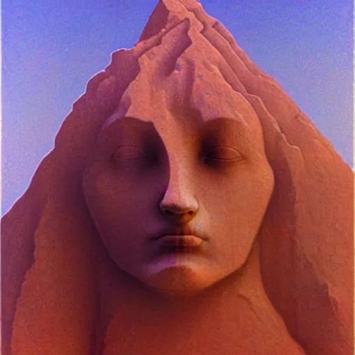 Prompt: A mountain look like a women, a monumental sculpture of a bust, by Artgem and Zdzislaw Beksinski