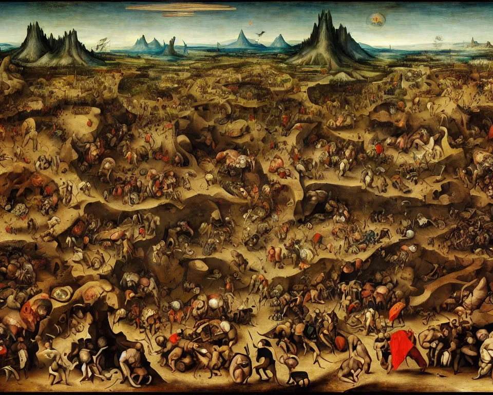 Prompt: doom eternal concept art by pieter brueghel, garden of eternal delights hell by hieronymus bosh, triumph of death by pieter brueghel