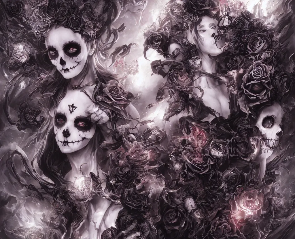 Image similar to a chaotic goddess of death skull black rose s day of the dead atmospheric, dramatic, concept art by a professional manga illustrator, Stanley Artgerm Lau, WLOP, Rossdraws, James Jean, Andrei Riabovitchev, Marc Simonetti, and Sakimichan hyperrealist, cinema4D, 8k highly detailed ❤️‍🔥 🔥 💀 🤖 🚀