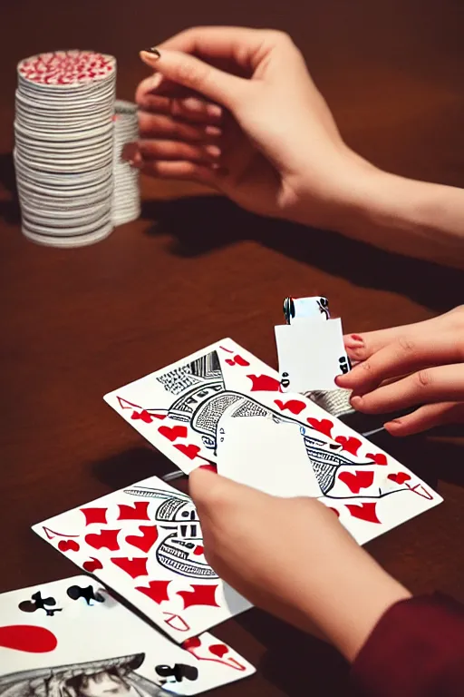 Image similar to firts person view of female hands looking at the table full of playing cards, realistic, modern, intricate, elegant, highly detailed, digital painting, artstation, concept art, addiction, chains, smooth, sharp focus, illustration, art by ilja repin