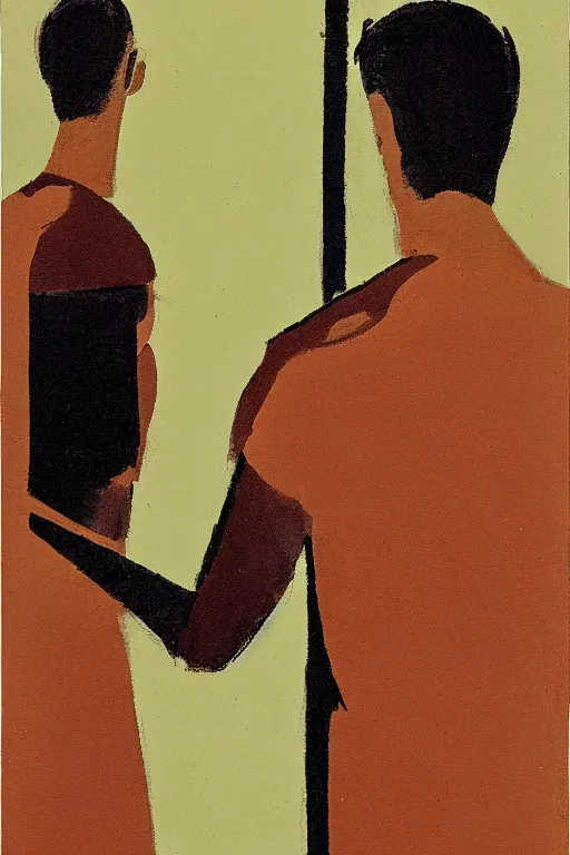 Image similar to man looking into a mirror, 1960’s minimalist advertising illustration, painterly, expressive brush strokes