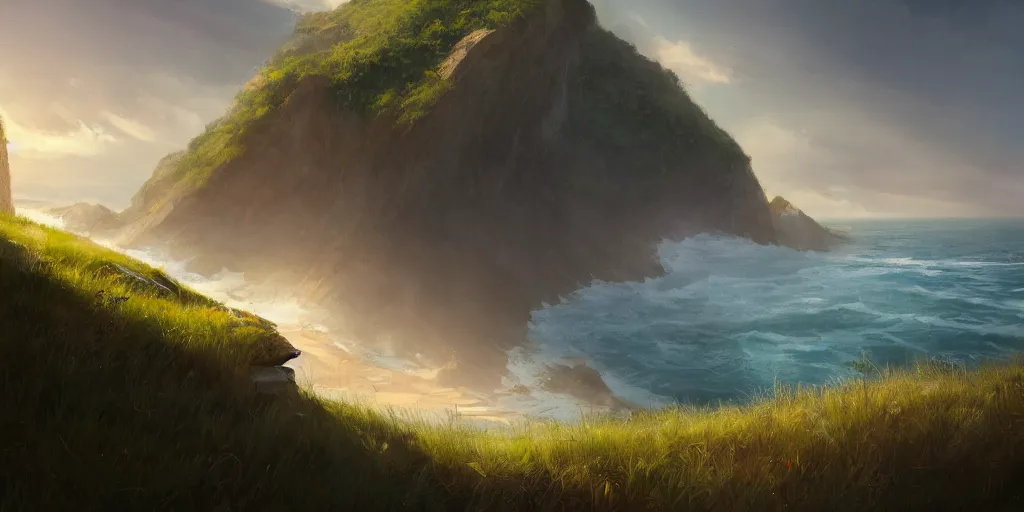 Image similar to Field on the edge of a cliff overlooking the ocean by Jessica Rossier, trending on art station