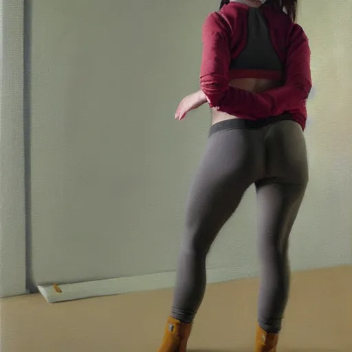 Image similar to realistic oil painting of athletic woman, woke up to yoga pants and uggs boots, alexis flower, wlop, rutkowski, hopper