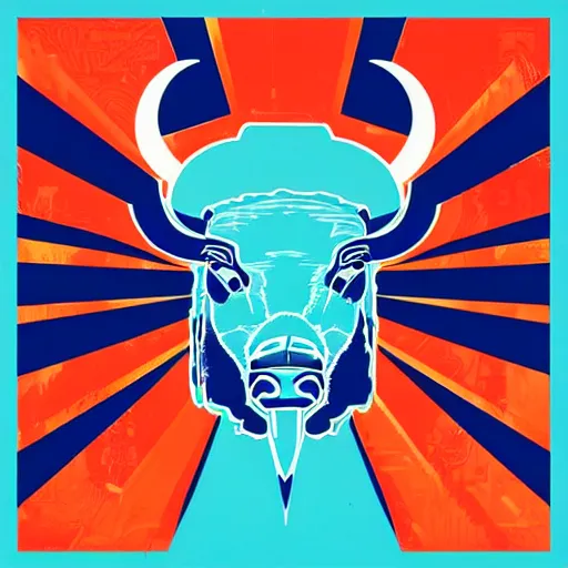 Image similar to a beautiful album cover of a cyberpunk bison by Shepard Fairey, red white and cyan color scheme