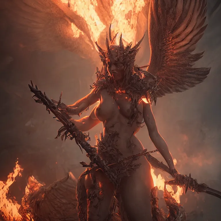 Prompt: demoness rising from the ash holding the burning swords of angel wings, realistic rendering, octane render, unreal engine, 8 k highly detailed, intricate details, style by greg rutkowski, intricate details, cinematic lighting